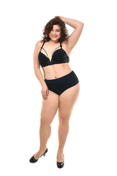 Ευτυχισμένος συν μέγεθος γυναίκα σε άσπρο φόντο. Έννοια του σώματος θετικά — Φωτογραφία Αρχείου