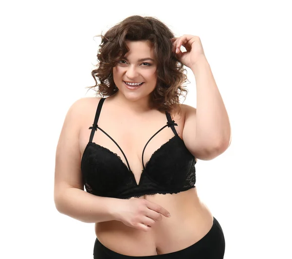 Happy plus size woman on white background. Concept of body positive — Stock Photo, Image