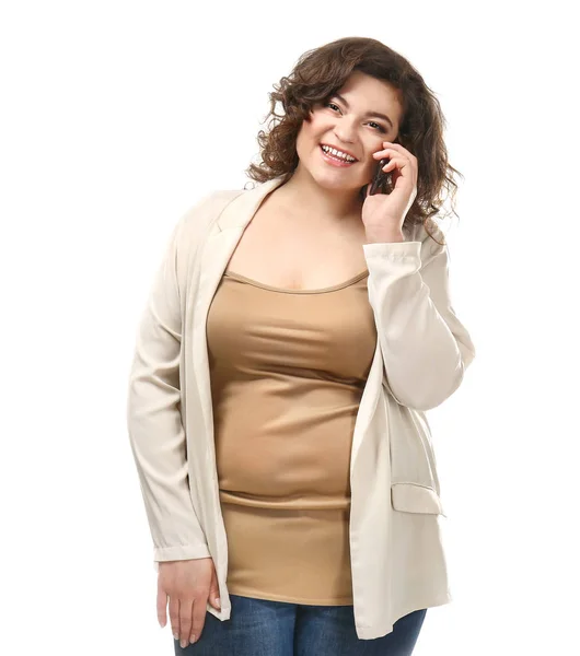 Υπέρβαρη γυναίκα μιλάει με το τηλέφωνο σε λευκό φόντο — Φωτογραφία Αρχείου