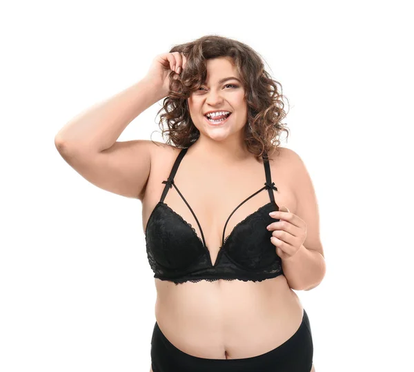 Feliz mulher plus size no fundo branco. Conceito de corpo positivo — Fotografia de Stock