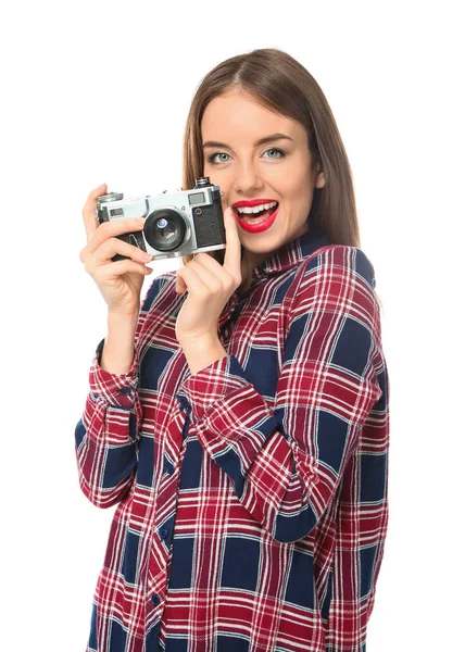 Jovem fotógrafa no fundo branco — Fotografia de Stock