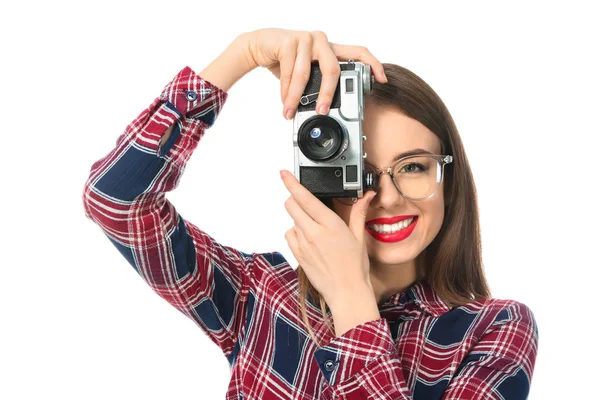 Jovem fotógrafa no fundo branco — Fotografia de Stock