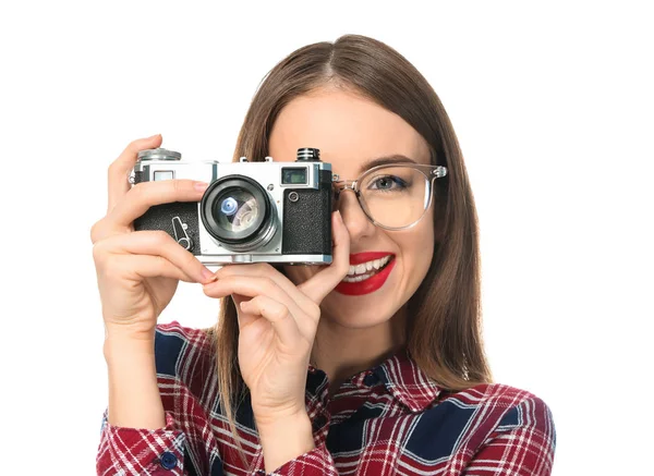 Jeune photographe femelle sur fond blanc — Photo