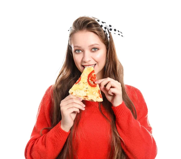 Beautiful woman eating tasty pizza on white background — Stock Photo, Image
