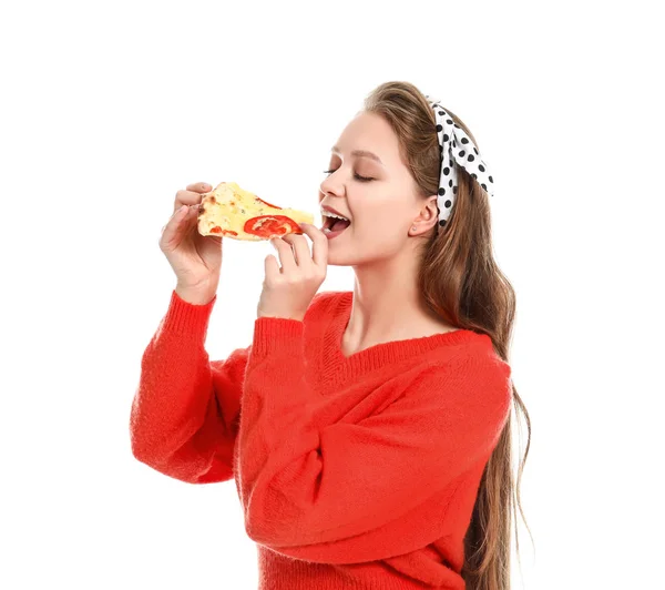 Beautiful woman eating tasty pizza on white background — Stock Photo, Image