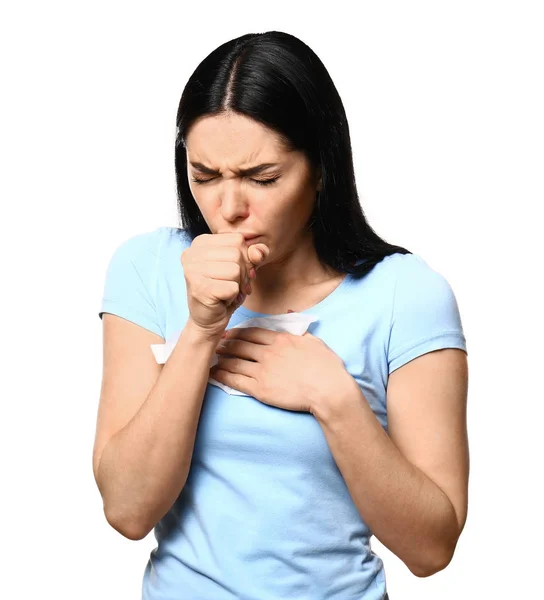 Coughing young woman on white background — Stock Photo, Image