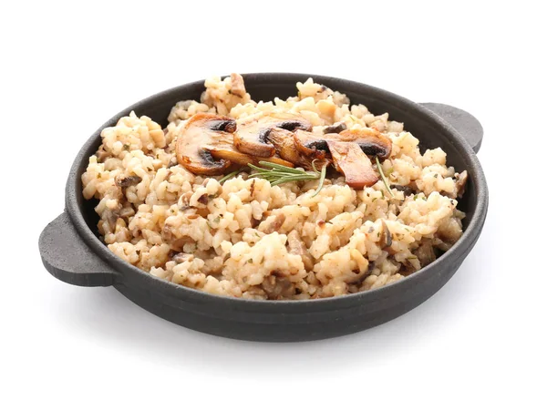 Frying pan with tasty risotto on white background — Stock Photo, Image