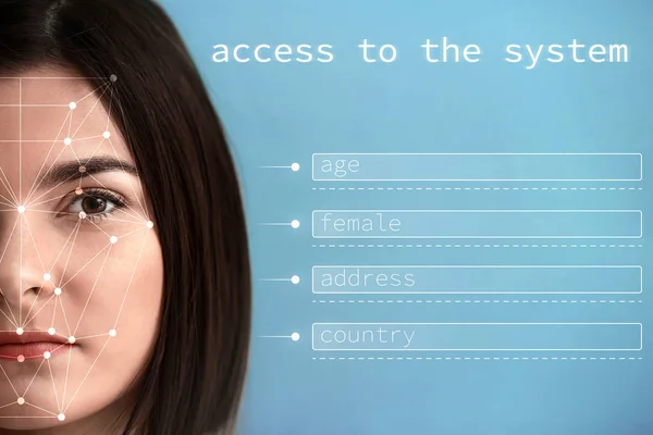 Cara feminina e campos de entrada de dados em fundo de cor. Conceito de utilização do sistema de reconhecimento facial — Fotografia de Stock