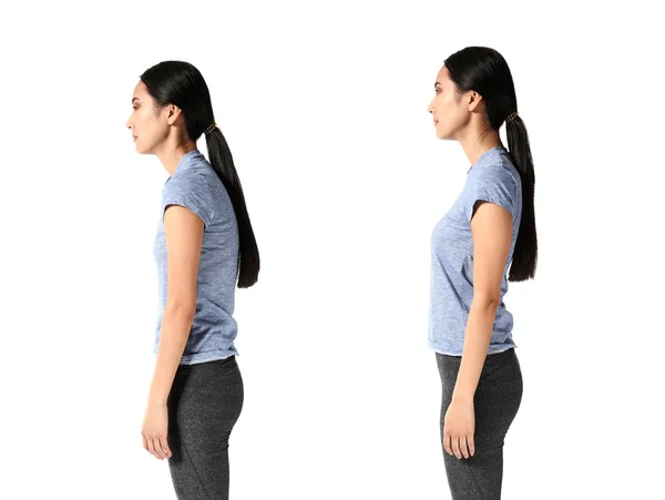 Asian woman with poor and good posture on white background — Stock Image Asian woman with poor and good posture on white background Stock Picture