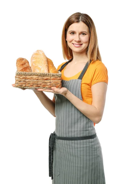 白い背景にパンを持つ女性のパン屋 — ストック写真