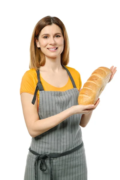 Vrouwelijke bakker met brood op witte achtergrond — Stockfoto