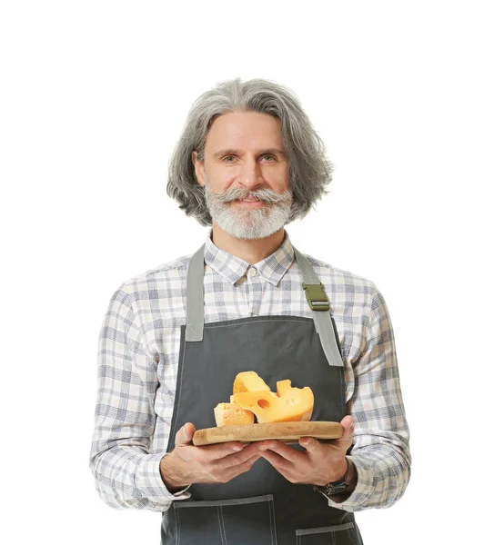 Hombre propietario de la tienda de queso sobre fondo blanco —  Fotos de Stock