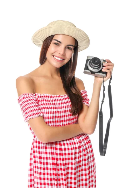 Ženská turistka s fotokamerou na bílém pozadí — Stock fotografie