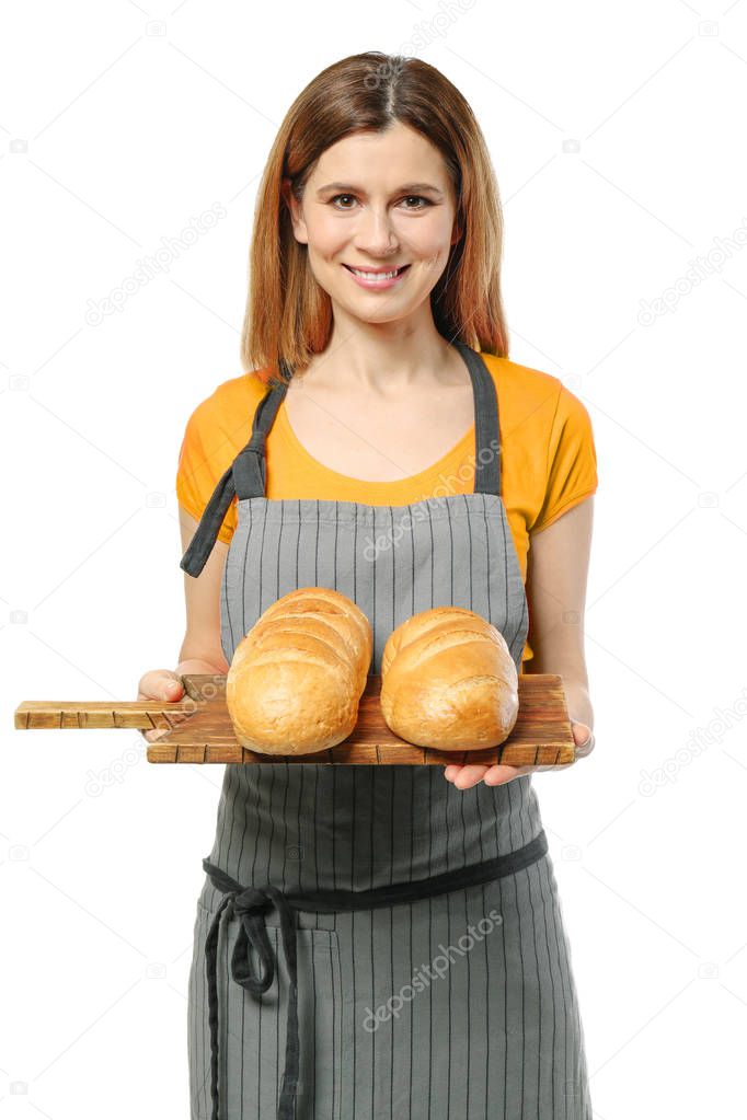 Female baker with bread on white background