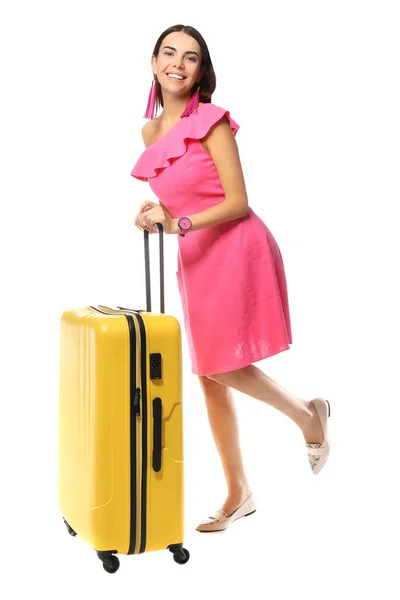 Female tourist with luggage on white background — Stock Photo, Image