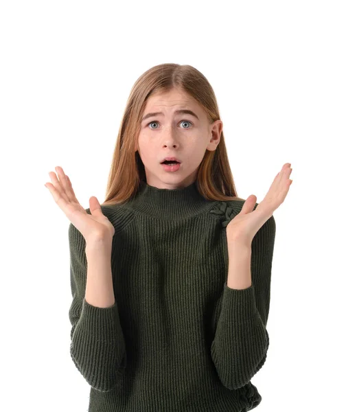 Afraid teenage girl on white background — Stock Photo, Image