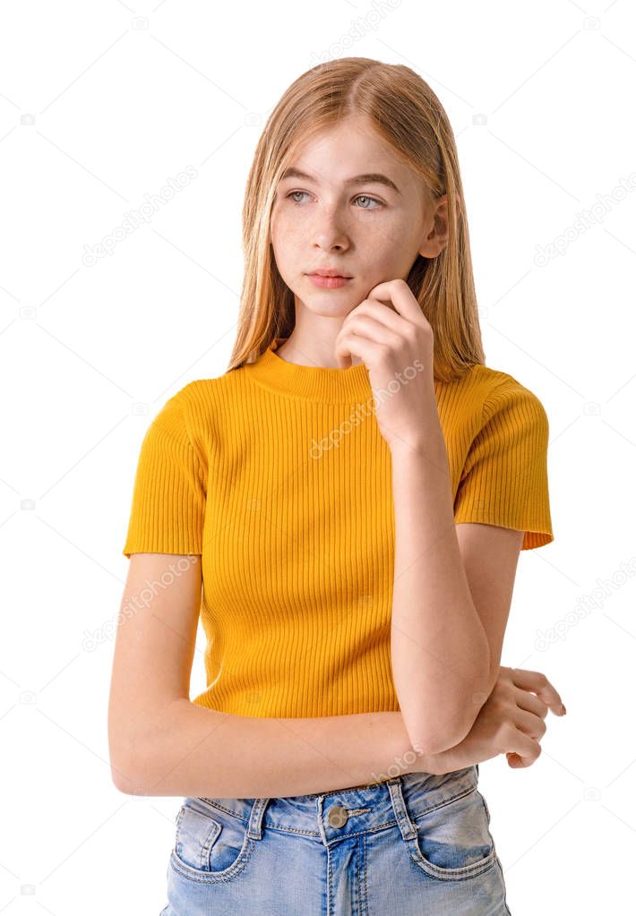 Sad teenage girl on white background