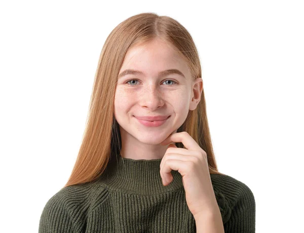 Menina adolescente bonito no fundo branco — Fotografia de Stock