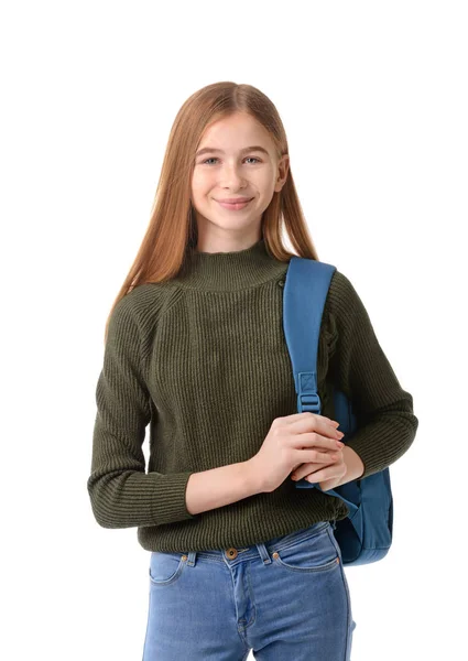 Roztomilé dospívající dívka na bílém pozadí — Stock fotografie