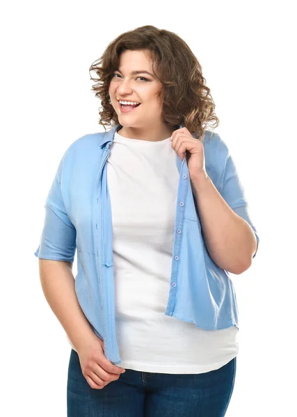 Plus size vrouw op witte achtergrond. Concept van het lichaam positief — Stockfoto