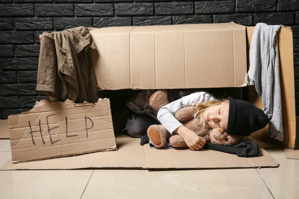 Pequeña sin hogar con oso de peluche durmiendo en caja — Foto de Stock