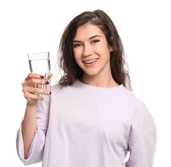 Beautiful young woman with glass of water on white background — Stock Photo, Image