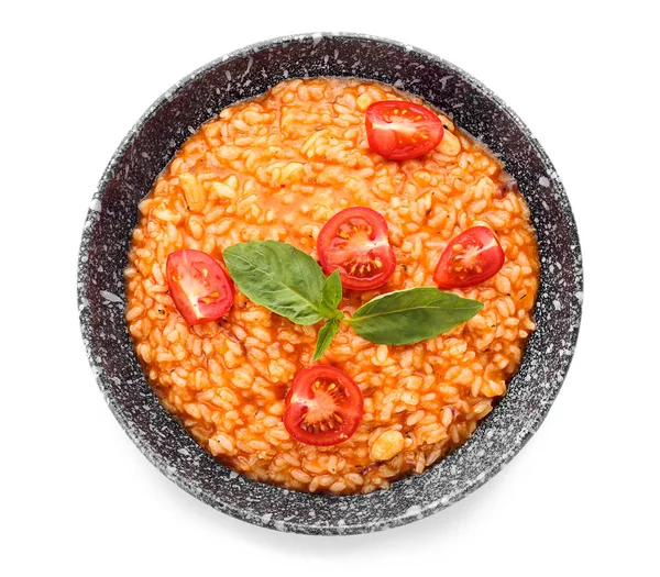 Plate with tasty risotto on white background — Stock Photo, Image