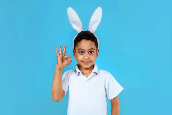 Retrato de menino bonito com orelhas de coelho mostrando OK no fundo de cor — Fotografia de Stock