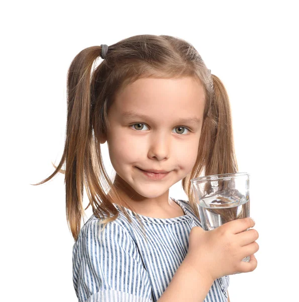 Cute little girl with glass of water on white background — Stock Photo, Image