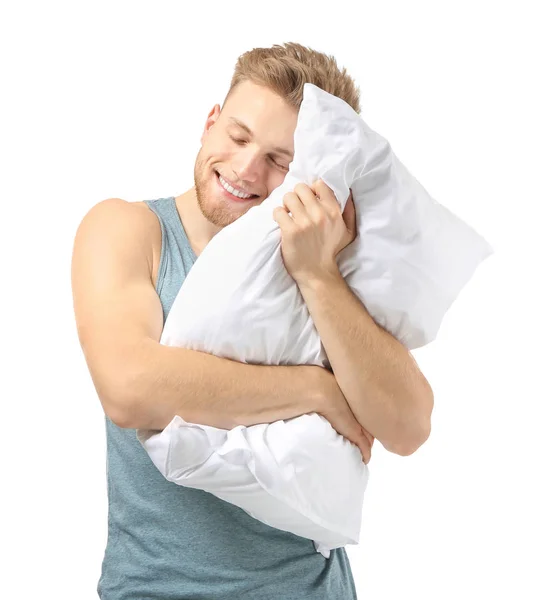 Przystojny człowiek z poduszką na białym tle — Zdjęcie stockowe