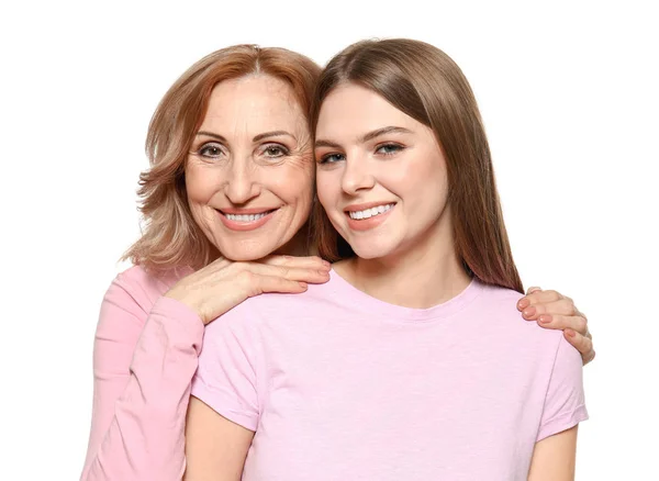 Portrait of happy mother with her daughter on white background — Stock Photo, Image