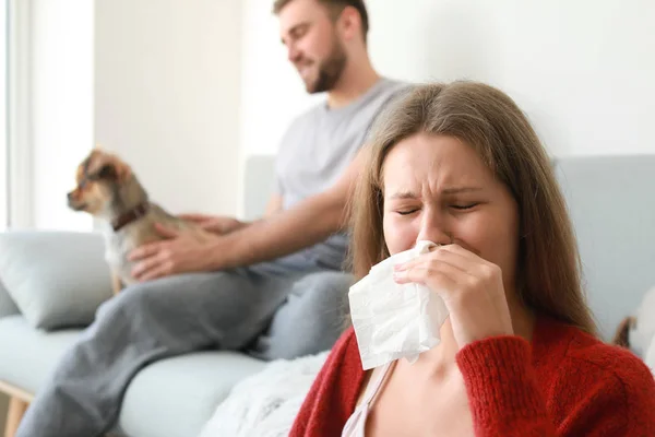 Donna che soffre di allergia animale domestico a casa — Foto Stock