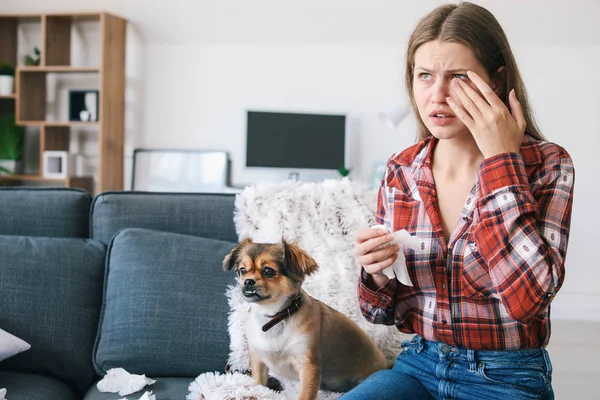 Mujer que sufre de alergia a las mascotas en casa — Foto de Stock