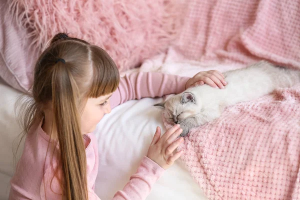 Ragazza con carino gattino soffice a casa — Foto Stock