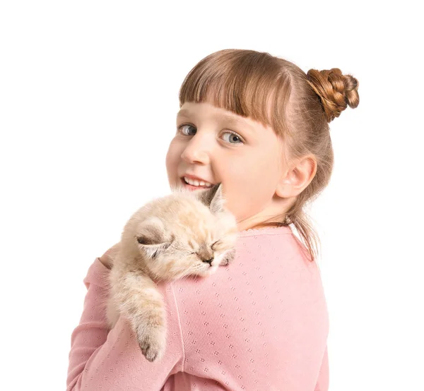 Chica con lindo gatito esponjoso sobre fondo blanco — Foto de Stock