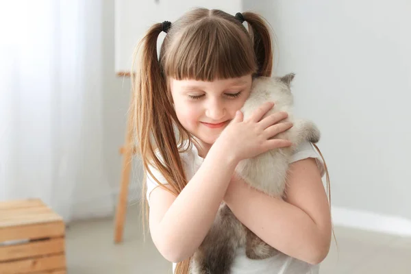 Ragazza con carino gattino soffice a casa — Foto Stock