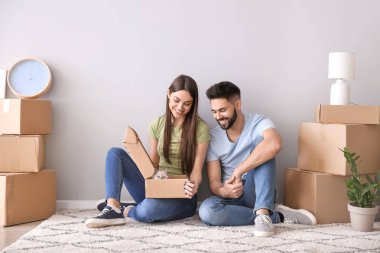 Yeni evlerinde ışık duvarının yanında oturan eşyaları ve kedi yavrusu ile genç çift