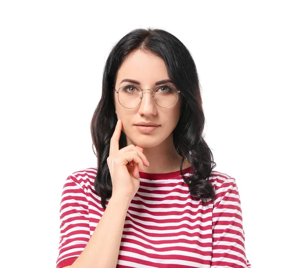 Retrato de mulher bonita no fundo branco — Fotografia de Stock