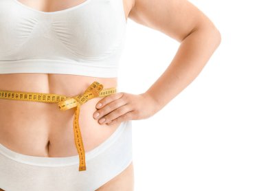 Artı beyaz arka plan üzerinde ölçüm bandı ile boyutu kadın. Kilo kaybı kavramı