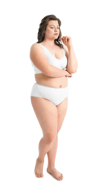 Bella donna plus size su sfondo bianco. Concetto di corpo positivo — Foto Stock