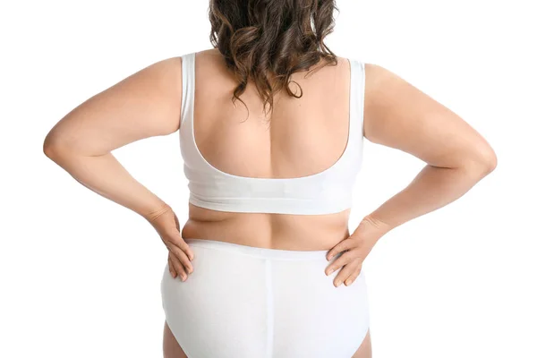 Mulher bonita plus size no fundo branco, visão traseira. Conceito de corpo positivo — Fotografia de Stock