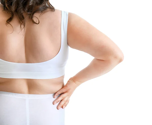 Hermosa mujer de tamaño grande sobre fondo blanco, vista trasera. Concepto de cuerpo positivo — Foto de Stock