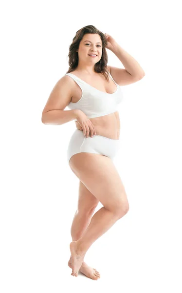 Mulher bonita plus size no fundo branco. Conceito de corpo positivo — Fotografia de Stock