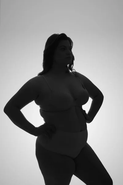 Silhueta de mulher plus size em fundo claro. Conceito de corpo positivo — Fotografia de Stock