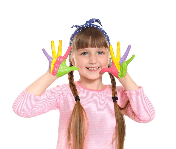Schattig klein meisje met handen in verf op witte achtergrond — Stockfoto