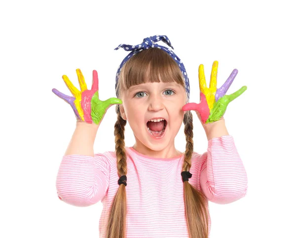 Cute little girl with hands in paint on white background — Stock Photo, Image
