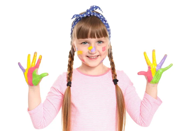 Cute little girl with hands and face in paint on white background — Stock Photo, Image