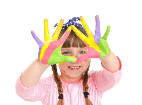 Cute little girl with hands and face in paint on white background — Stock Photo, Image