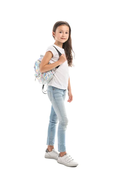 Menina elegante em jeans no fundo branco — Fotografia de Stock