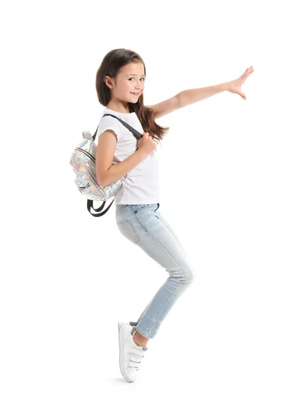 Stilvolles Mädchen in Jeans auf weißem Hintergrund — Stockfoto